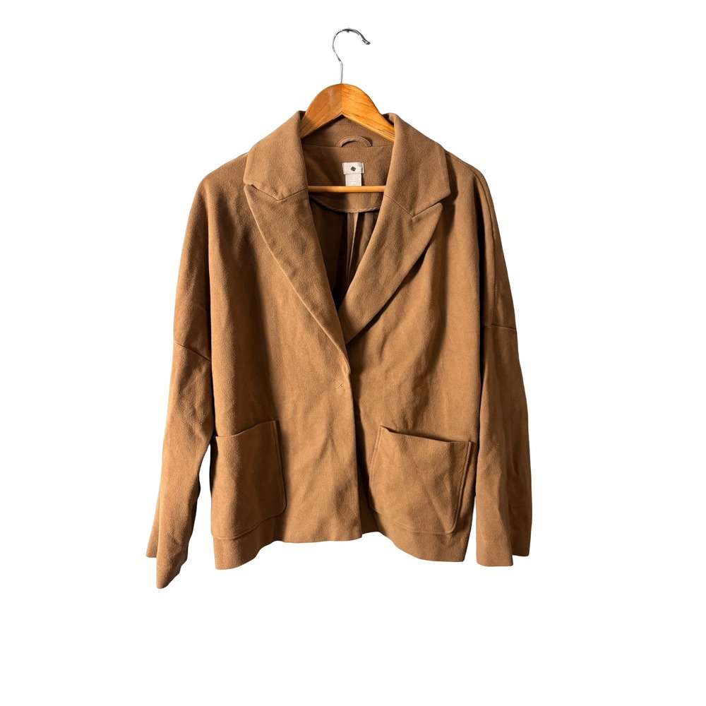 Chico's Ponte Knit Open Front Blazer Size 2 L Tan Camel Rayon Nylon Blend